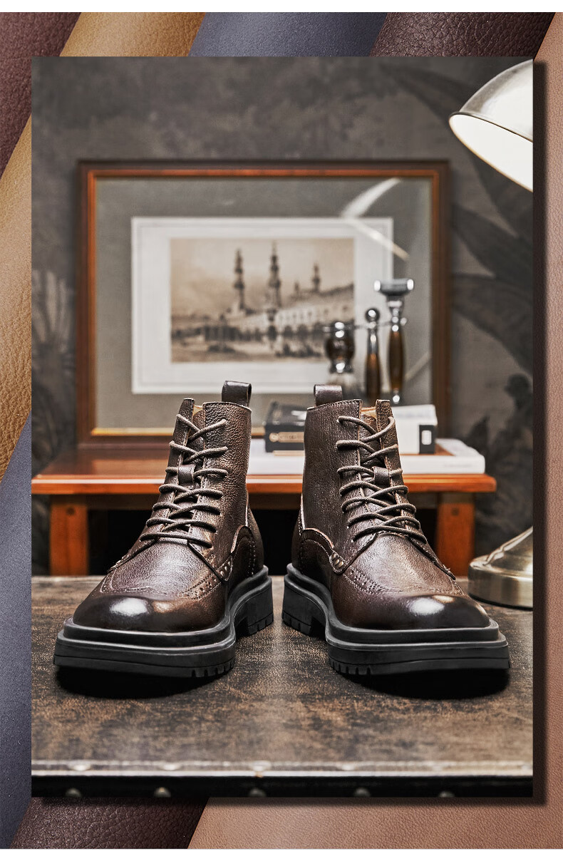 qpre轻奢品牌鞋子布洛克雕花马丁靴男秋季新款手工牛皮靴子英伦风复古