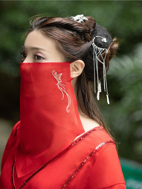 君吻 面纱古风新款古风绣花面纱古装汉服古代仙女超仙飘逸刺绣遮脸珠