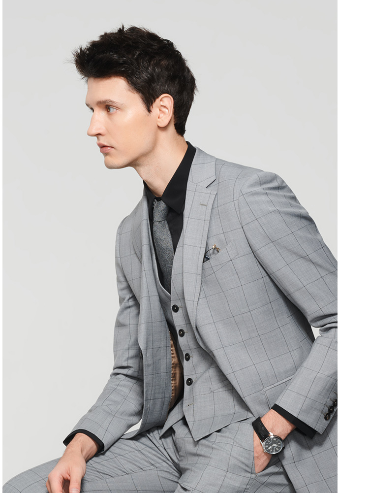 jodoll乔顿男羊毛西服套装上衣商务正装新郎结婚格子小西装外套男灰色