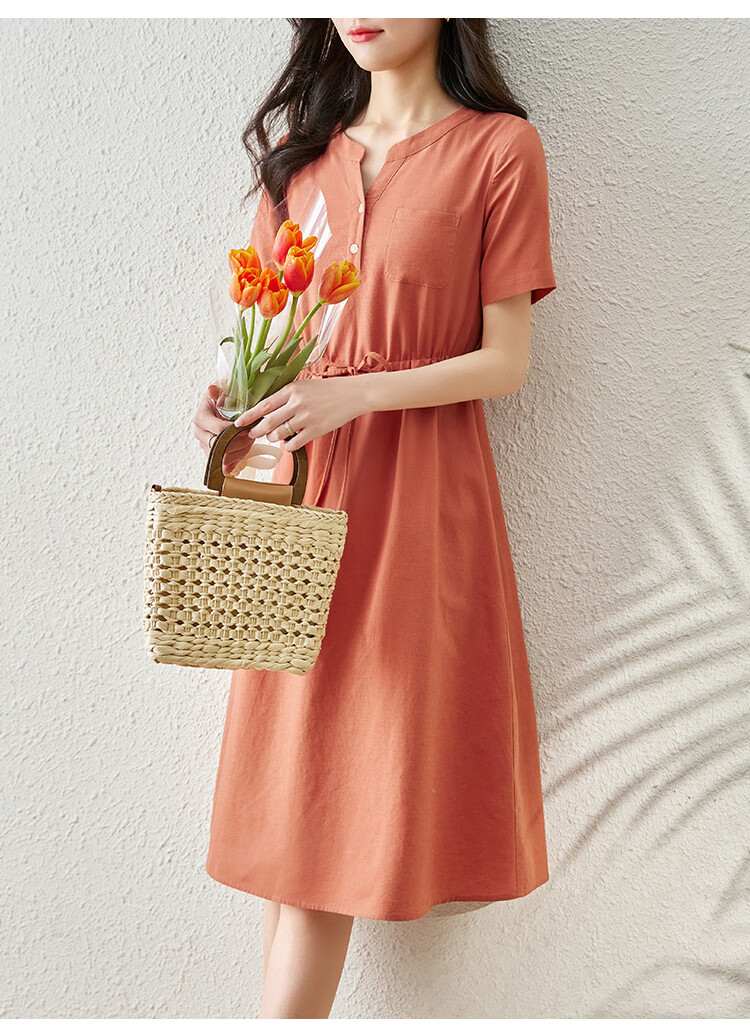 熙世界棉麻连衣裙女短袖夏季2022新款简约收腰系带橙色中长裙子橘色s
