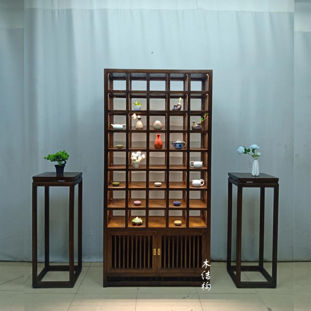 索讯科茶架柜实木紫砂壶展示架茶具茶杯格子收纳架榆木小物件摆放茶壶