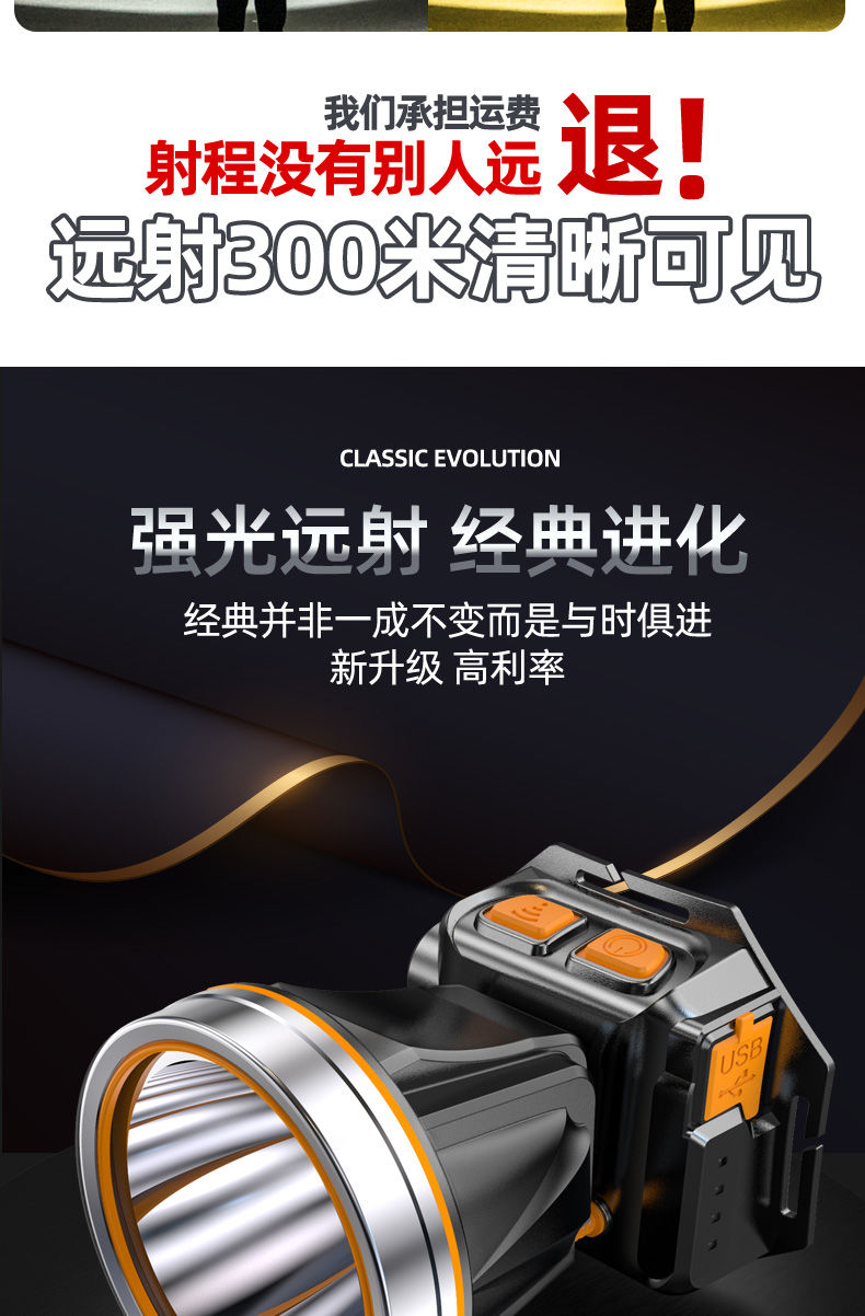 亏本冲量led头灯强光可充电霸王野外超亮工作手电筒头戴式锂电氙气灯