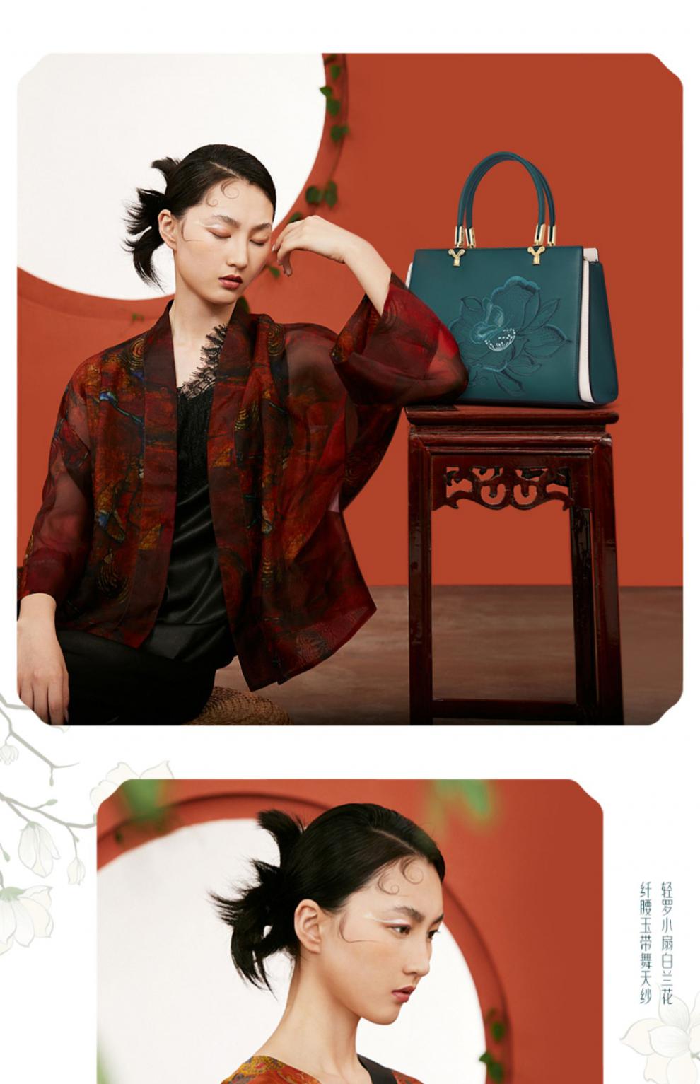 kockok轻奢品牌包包女2022新款时尚大气真皮手提包妈妈款国风刺绣轻奢