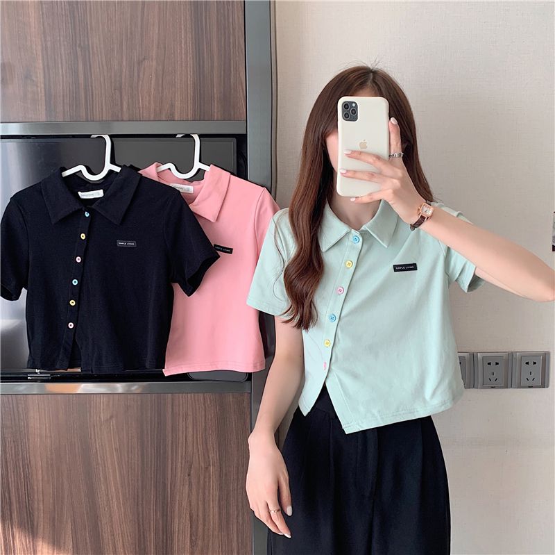 象蚁体桖衫女polo衫短袖女设计感斜扣少女短款polo领上衣夏 少女粉 s