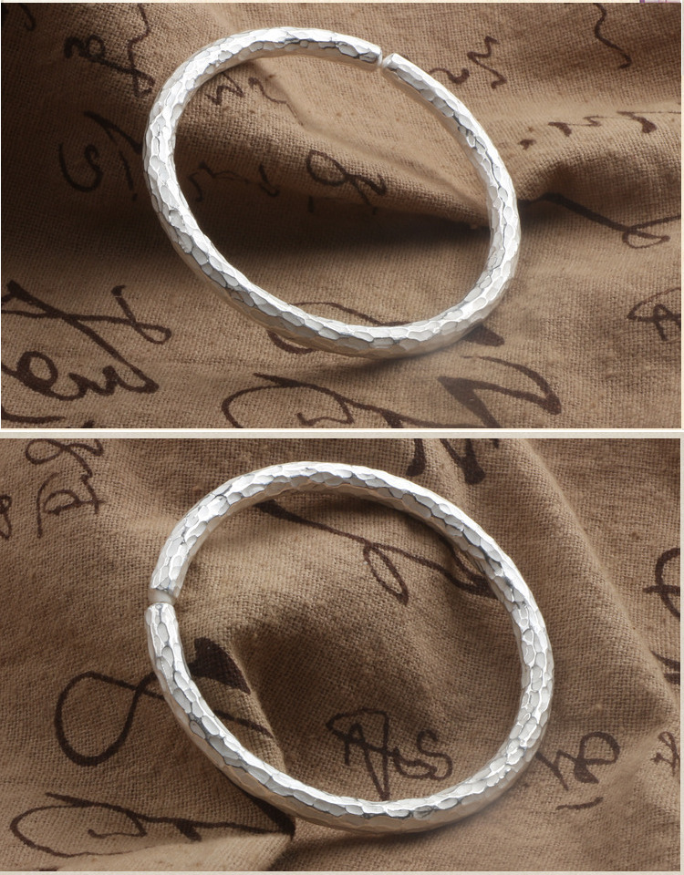 钧弘雪花999足银色手工锤纹细银手镯环文艺简约开口情侣妈妈女友礼物