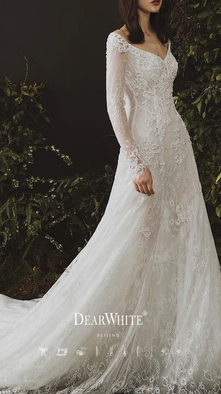 新娘鱼尾婚纱2022款女修身长袖裙大拖尾主纱图片款s175