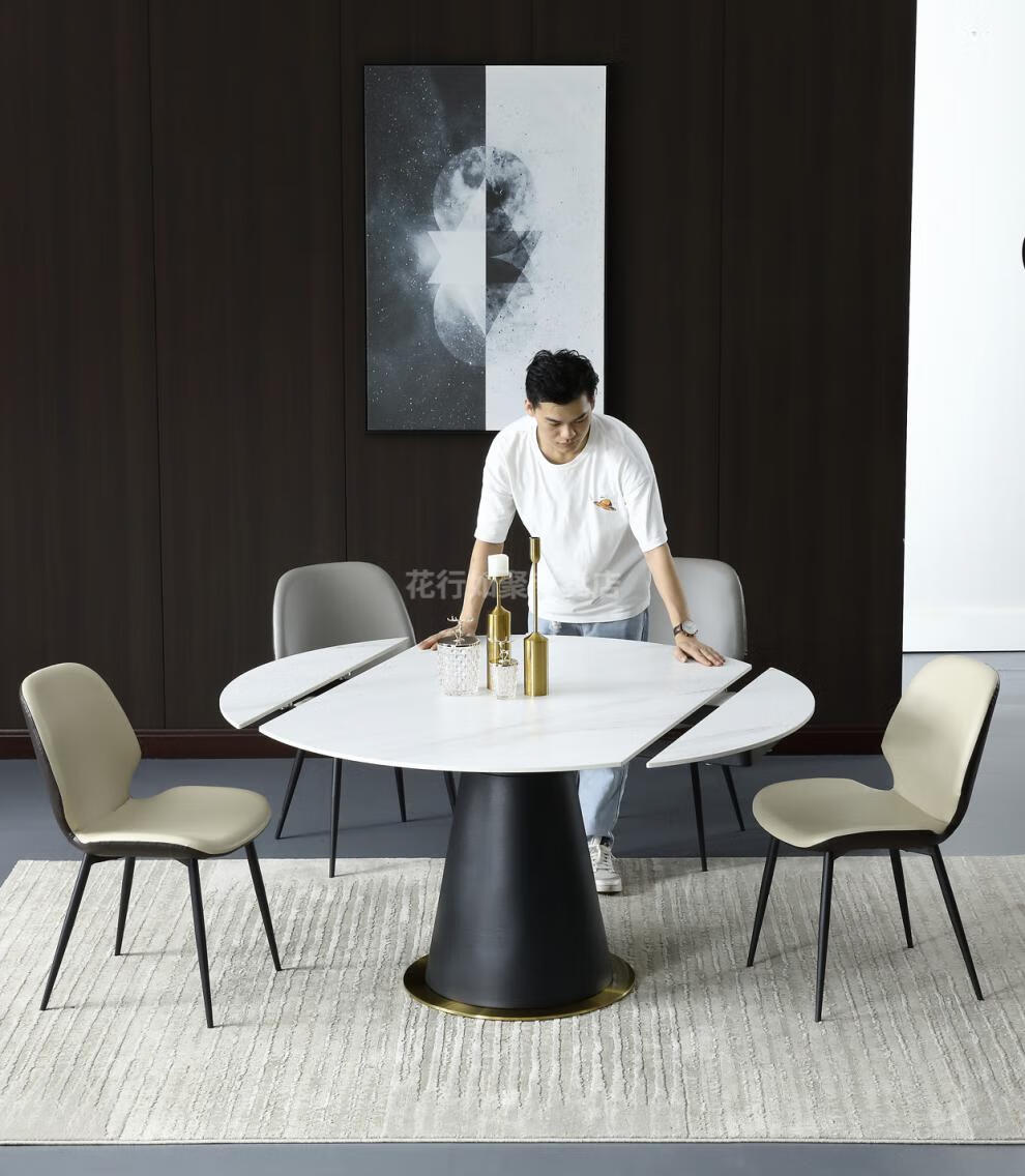 钻麦 可变形圆餐桌家用餐桌简约款可伸缩北欧岩板旋转伸缩圆桌小户型