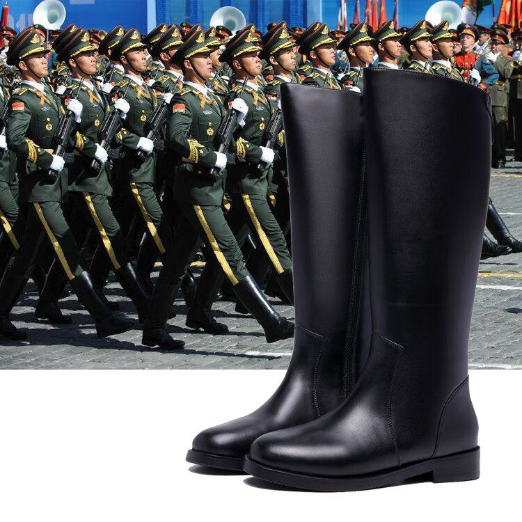 爱韬马靴新款大阅兵长筒队高筒牛皮靴骑男女舞台表演演出拉链官靴黑色