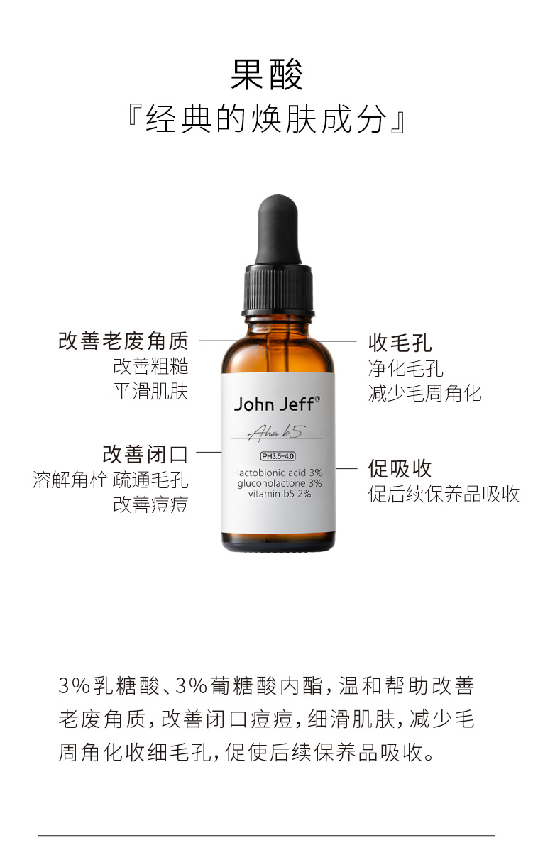 johnjeff官方旗舰6复合果酸面精华液乳糖酸改善闭口干皮敏感肌肤男女