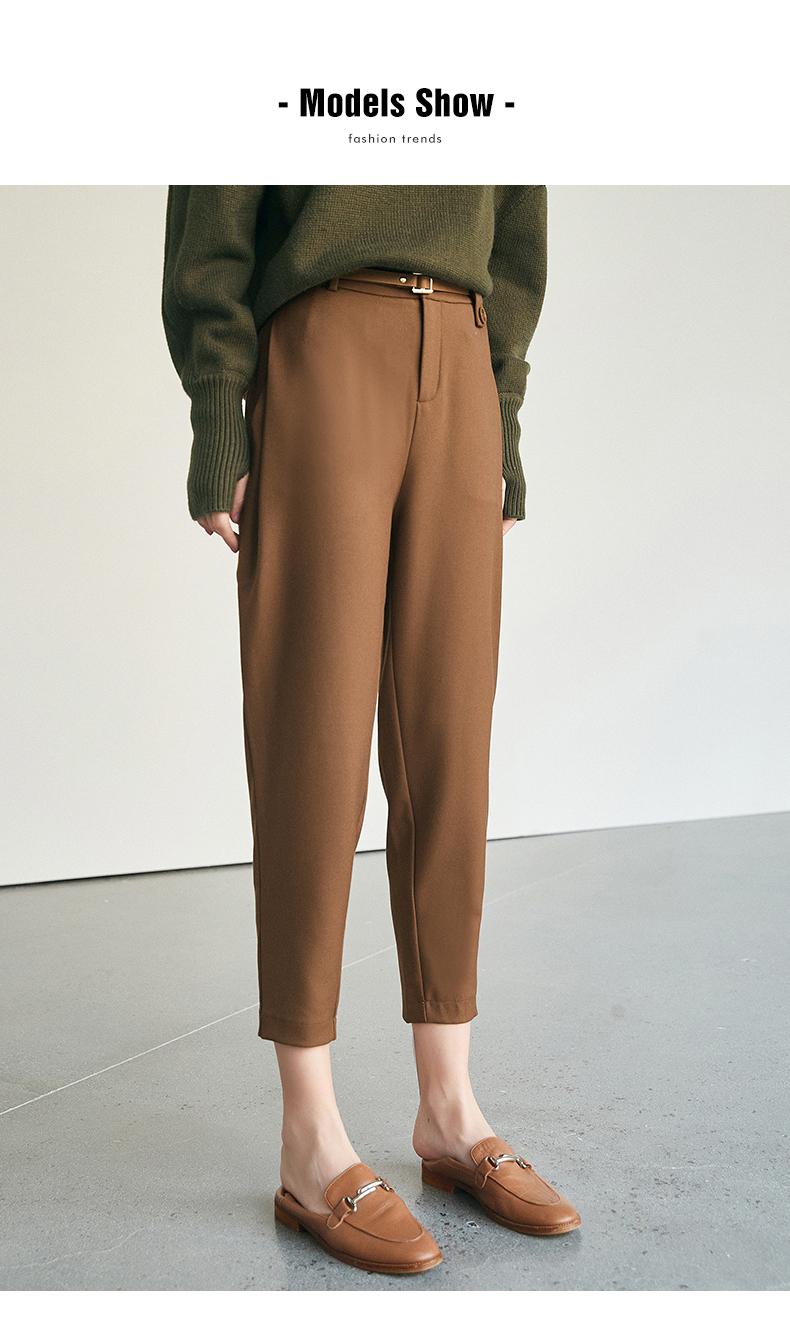法曼萱深驼色休闲裤女2021年秋冬新款气质百搭休闲显瘦小脚直筒裤深