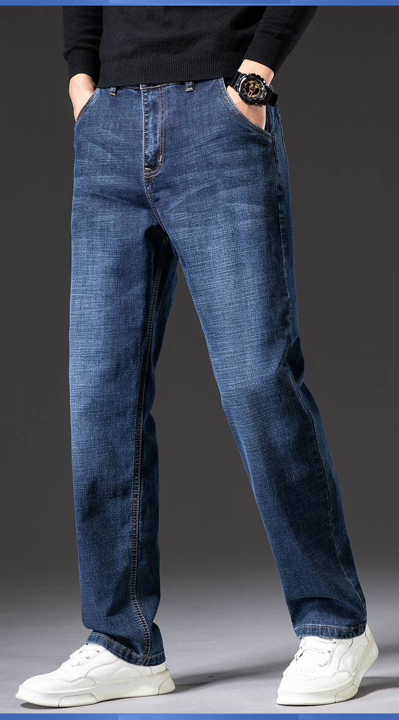 aemape美国苹果牛仔裤男新款春季直筒宽松斜口袋高弹力休闲长裤深蓝色