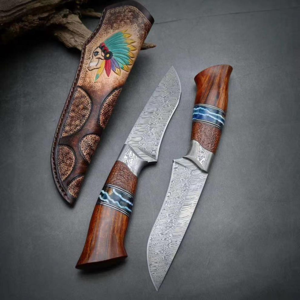 硕哥 进口瑞粉大马士革钢刀户外防身小刀荒野求生高硬度锋利手工直刀