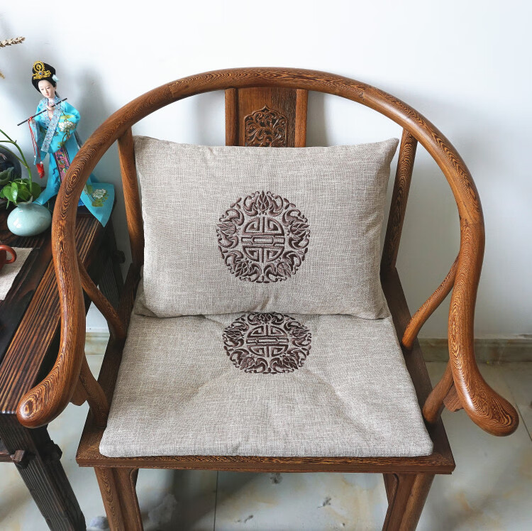 中式餐椅垫家用椅子坐垫亚麻绣花圈椅垫冬季轻奢座垫可定制马蹄形米色