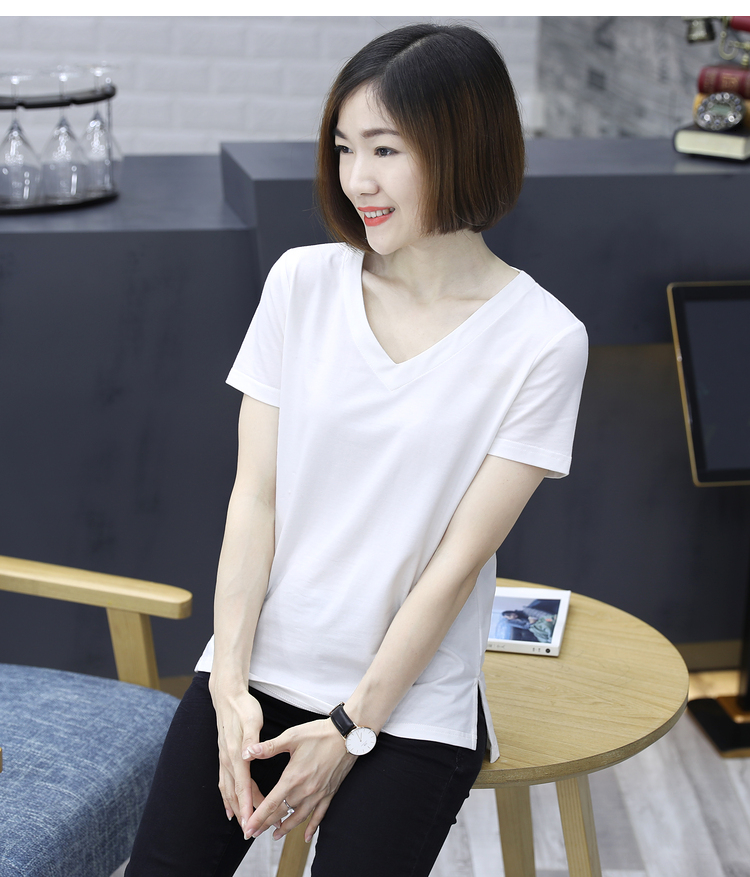 2022新款夏装黑色鸡心领短袖t恤女宽松v领上衣女白色半袖大码体恤白色