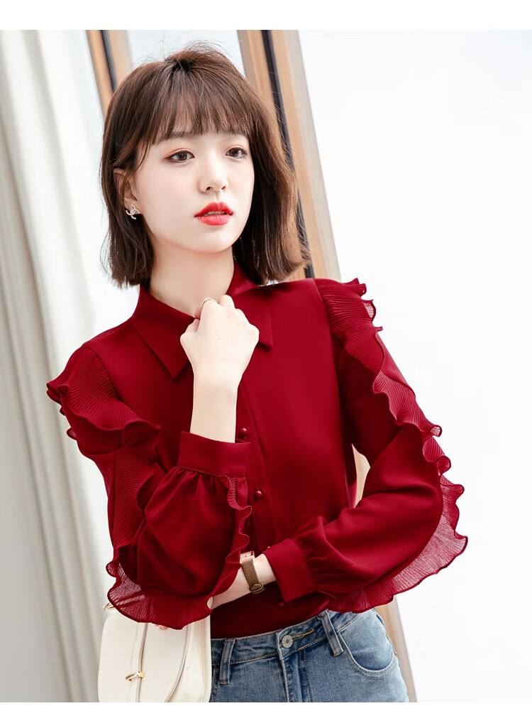 雪纺衫女士2022年春季新款韩版时尚百搭长袖气质别致上衣女艾优 红色