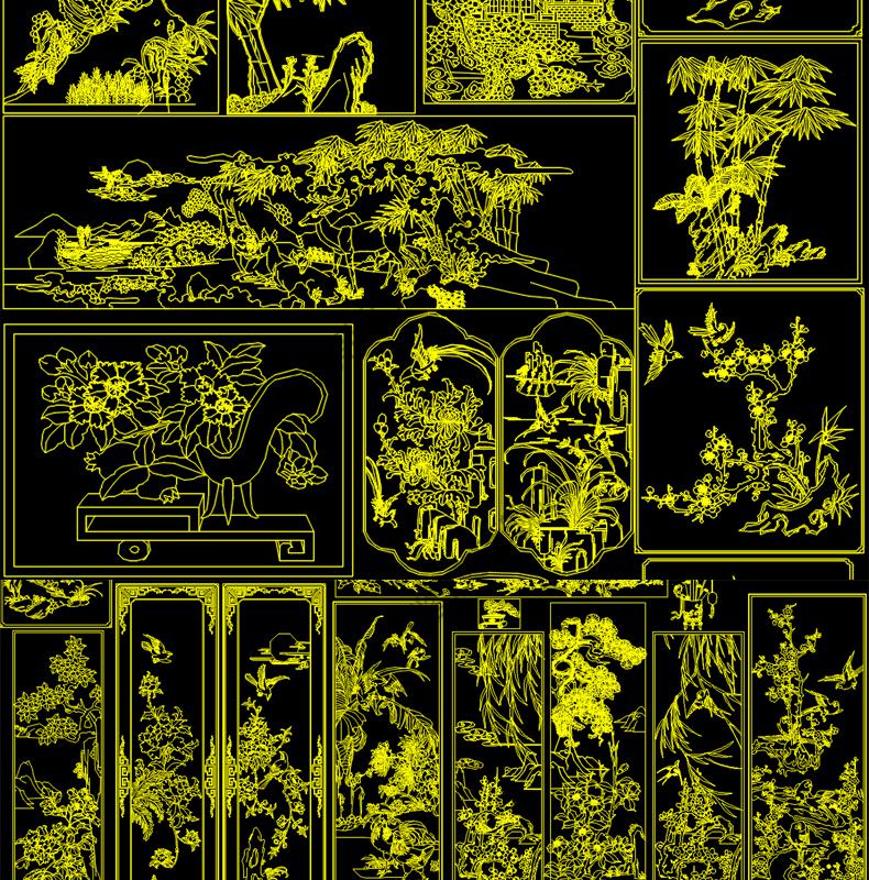 古典中式实木雕刻雕花四季花梅菊竹兰花草树客厅cad素材库