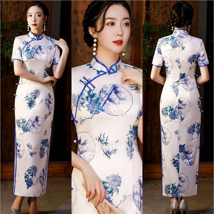 中国风青花瓷旗袍长款20夏短款年轻立领日常丝绸长款连衣裙显瘦女装
