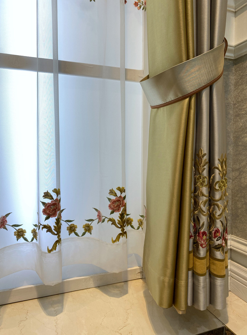 窗帘布绣花柯桥轻纺城仿真丝别墅窗帘成品真丝绣花窗纱整匹50米以上