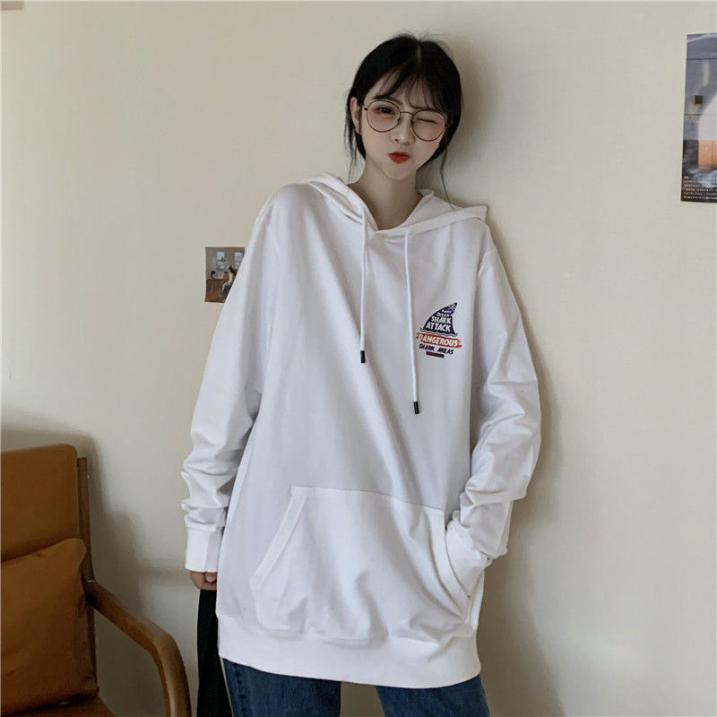 官方旗舰连帽卫衣女春秋薄款校园风新款韩版宽松鲨鱼卡通上衣长袖外套