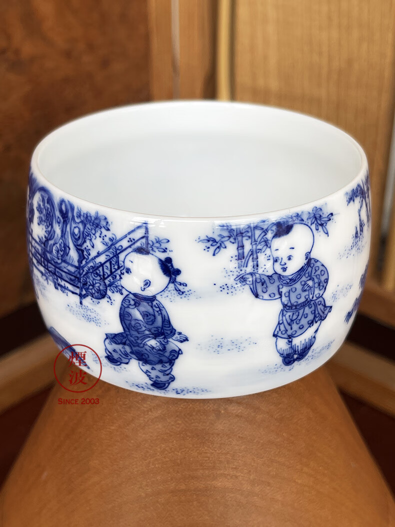烟波 景德镇 九段烧 妙手九段款 青花 婴戏 五童子 蹴鞠 禅定杯【图片