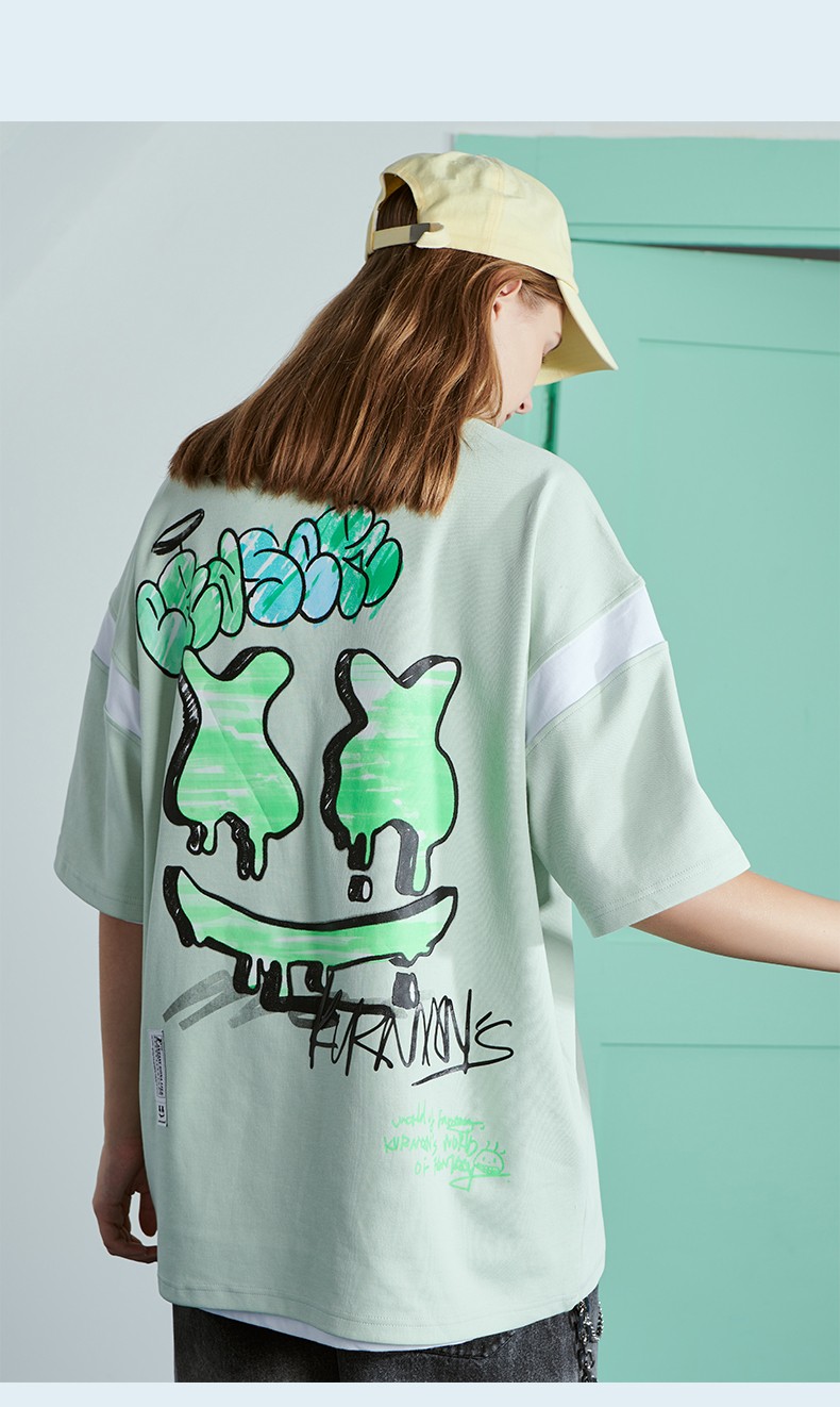 er笑脸趣味涂鸦创意国潮polo衫休闲宽松拼接原创个性短袖男女同款t恤