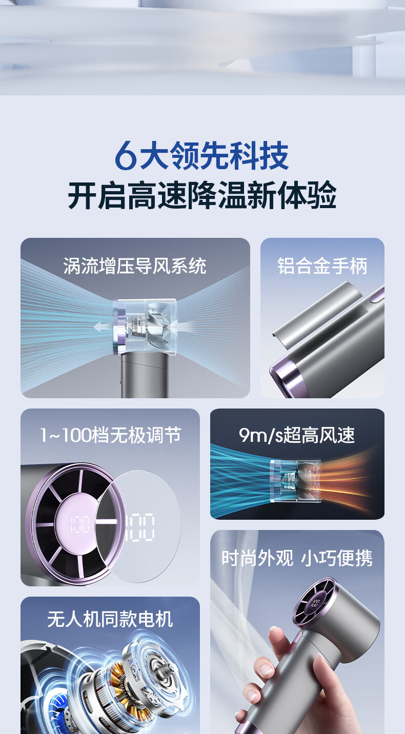 3，對伴高速小風砲 暴力渦輪風扇手持戶外手持無葉 磨砂紫灰