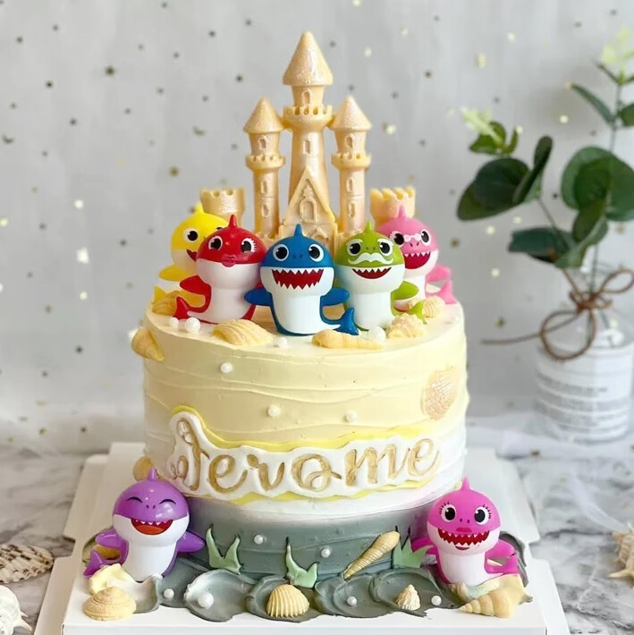 鲨鱼宝宝鲨鱼一家玩具 海底动物卡通小鲨鱼一家宝宝海洋生日蛋糕装饰
