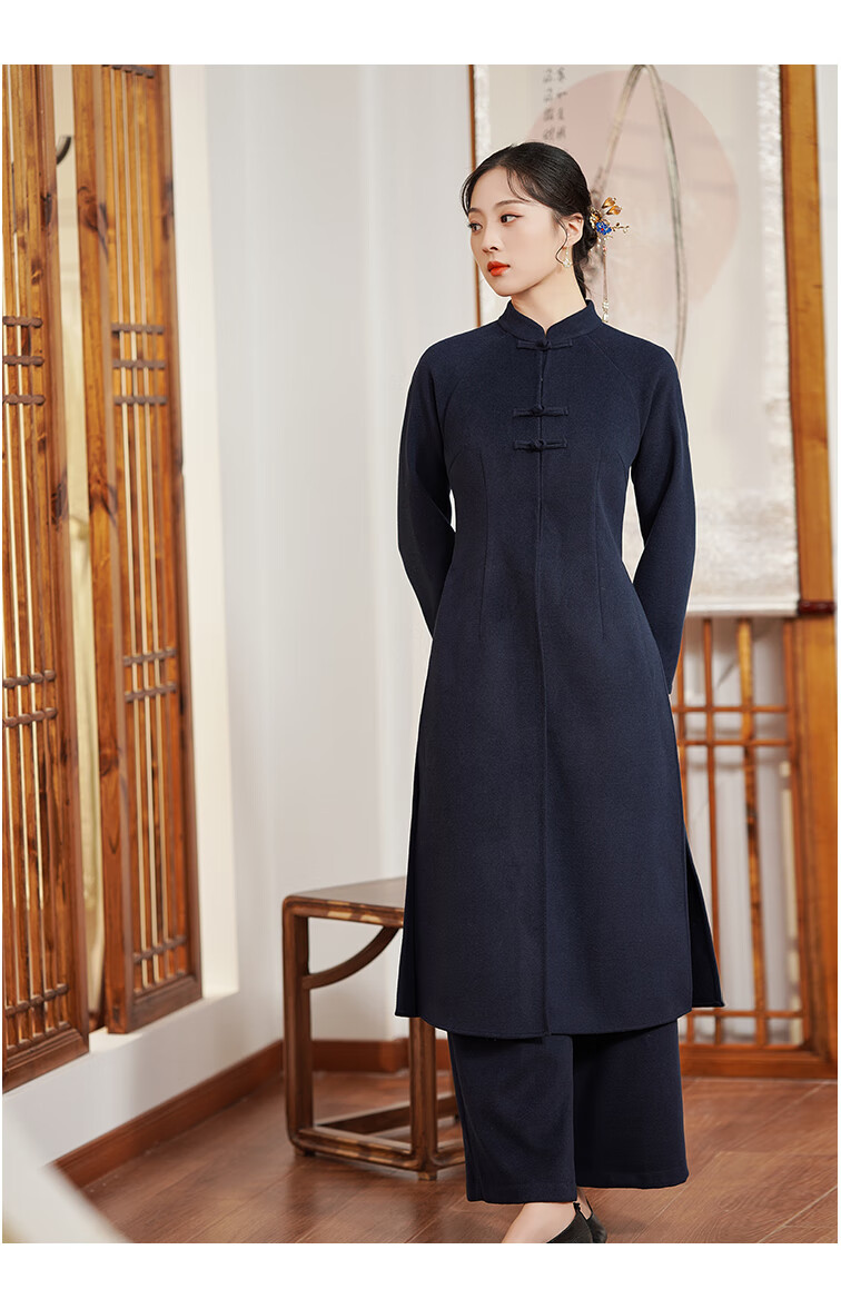 秋冬季禅服佛系女春秋款新中式毛呢大衣复古盘扣中国风女装古风外套