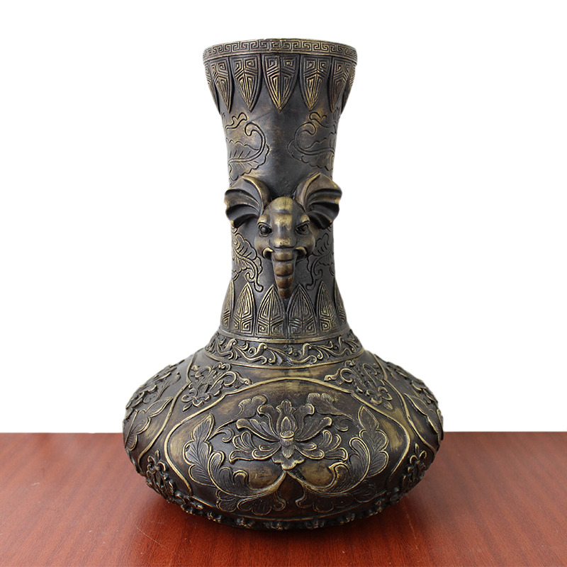 真全铜器纯铜花瓶黄铜花瓶花纹象耳花瓶铜象耳瓶工艺品摆件深色象耳