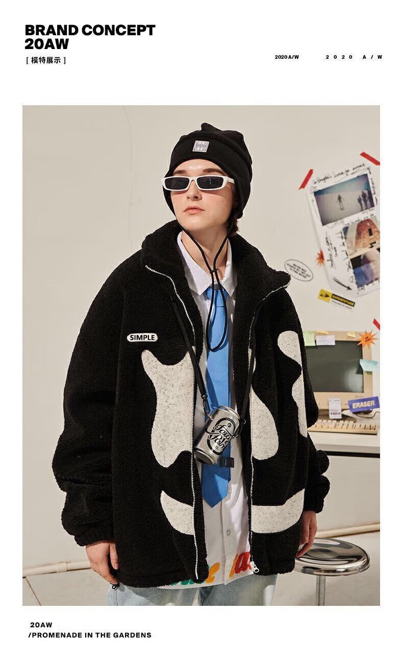 er笑脸大logo拼接羊羔绒绒外套男男潮牌国潮ins春秋款潮流情侣装 黑色