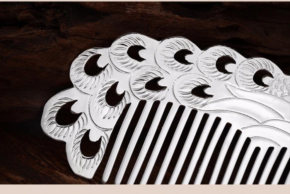 友美饰界足银头梳云南纯手工孔雀银发梳雪花银送妈妈女友999足银梳子