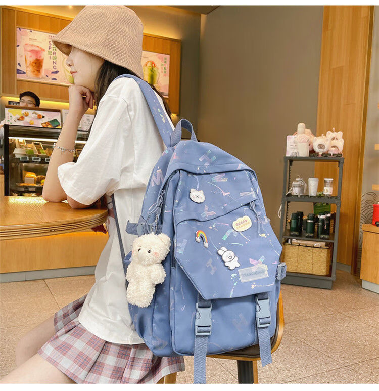 高颜值书包女韩版ins森系百搭简约大容量初中高中大学生双肩背包 蓝色