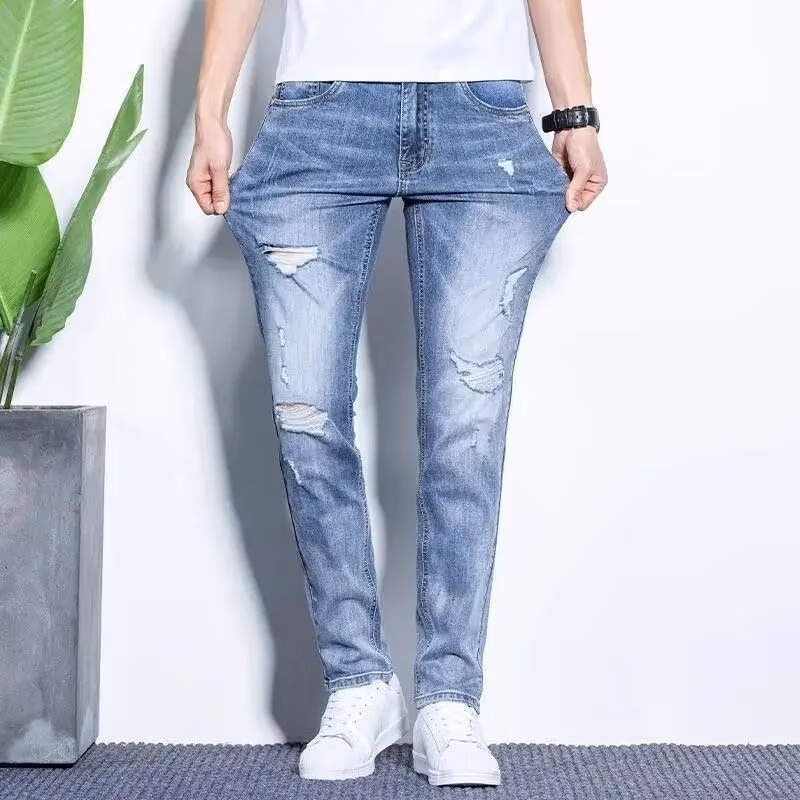 Ripped Jeans Men's 2026 Summer Thin Elastic Slim Straight Casual Pants Korean Trend Beggar Pants, Blue [130-70kg]_mkmklike.com
