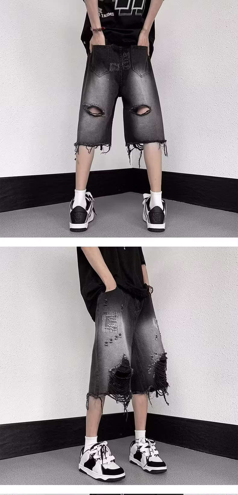 Ripped Beggar Pants Men's Summer Thin Loose Straight Denim Shorts Teen Student Ruffian Handsome Knee Six-point Pants, Black XL_mkmklike.com
