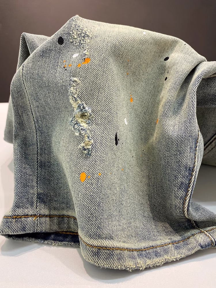 Ink-splashing Denim Shorts Men's Summer American Retro Ripped Beggar Five-point Pants Loose Straight Slim Trendy Pants, Blue 28_mkmklike.com