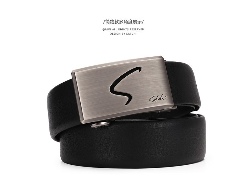 沙驰皮带男士商务时尚大气裤带休闲纯牛皮青年自动扣腰带 黑红色1本命