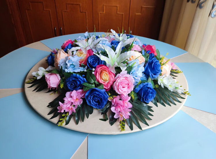 轻奢酒店餐桌花电动转盘中间仿真花装饰花饭店大圆桌台花圆形摆花餐厅