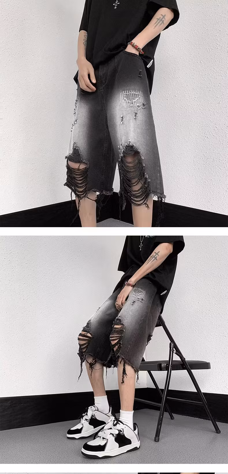 Ripped Beggar Pants Men's Summer Thin Loose Straight Denim Shorts Teen Student Ruffian Handsome Knee Six-point Pants, Black XL_mkmklike.com