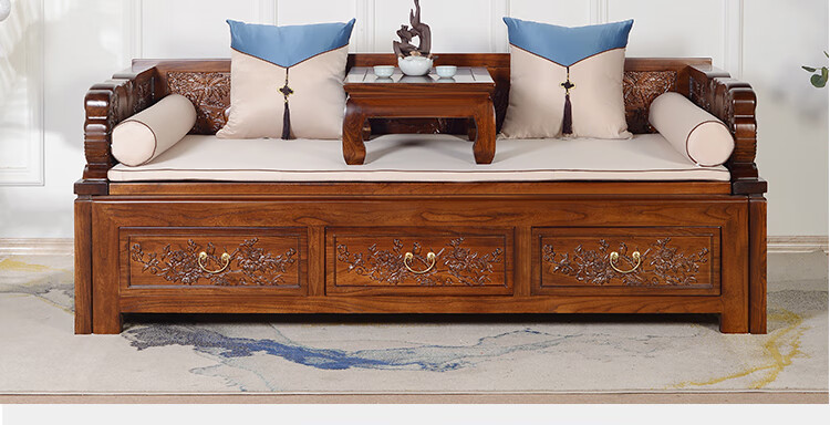 尚央 推拉罗汉床实木老榆木新中式仿古禅意榫卯小户型伸缩沙发床罗汉