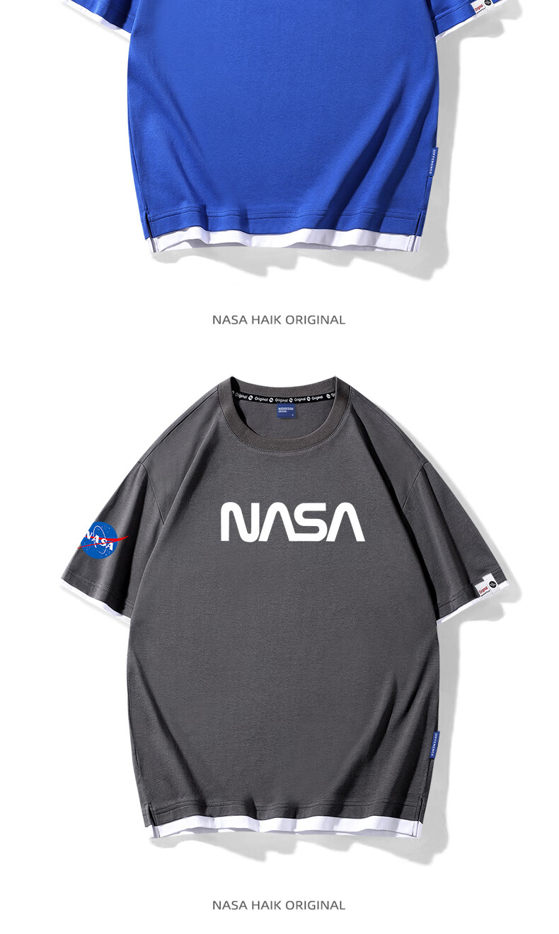 nasa旗舰店官网联名潮牌短袖t恤男五分袖夏装假两件字母印花半袖男装