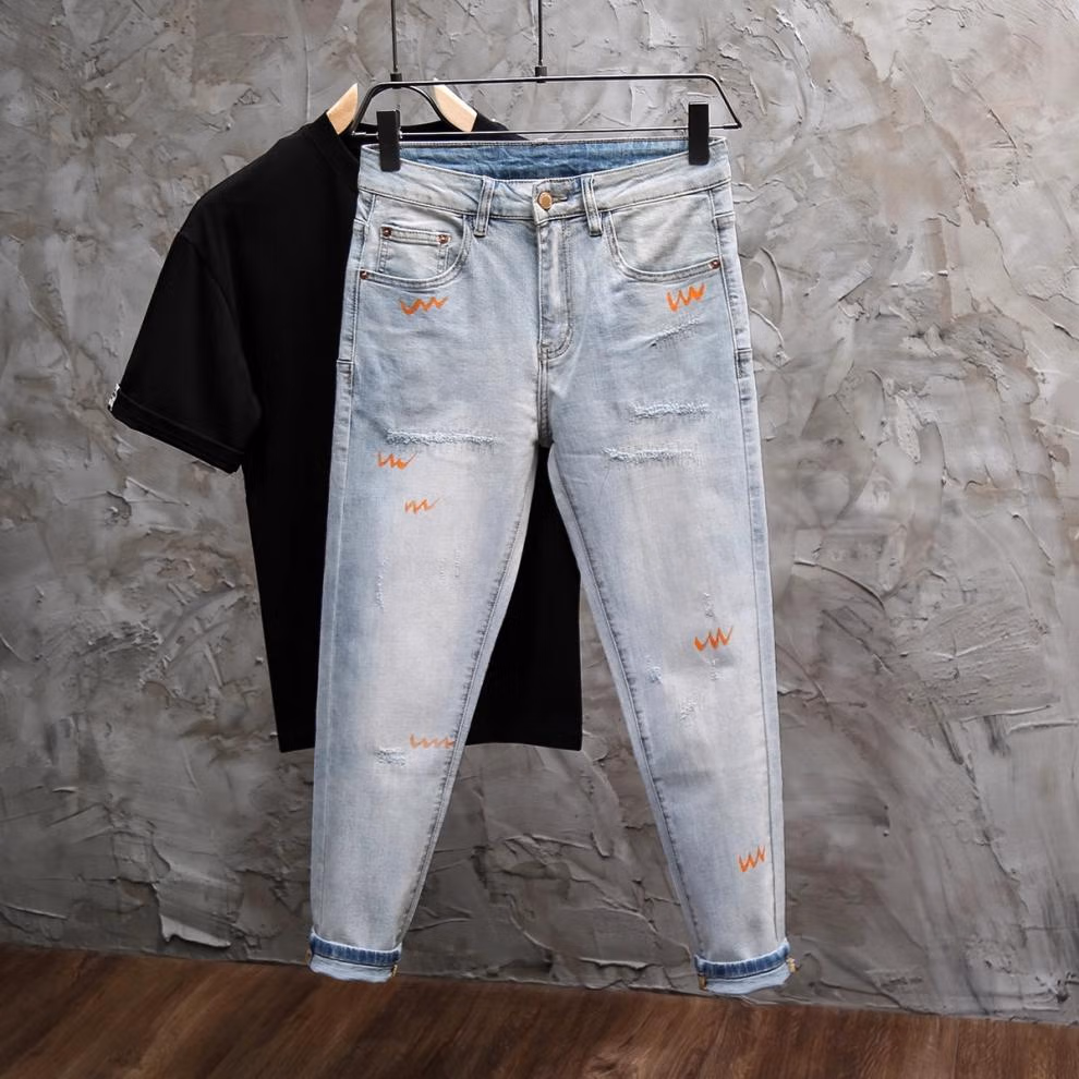 Summer Washed Ripped Jeans Men's Korean Version Of Trend Graffiti Versatile Casual Slim-fit Straight-leg Nine-point Pants, Blue 28_mkmklike.com