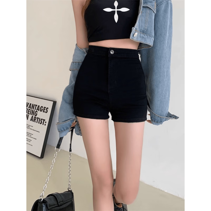 Miao Lian Duo Black Shorts Summer Women's high-waisted denim Shorts Slimming Super Shorts Girls' Shorts Lengthening Legs Hot Girl Shorts Black [High-waisted] Denim Shorts [Spring and Autumn Thin Style] M [Suggested 95-110 pounds] thumbnail 3