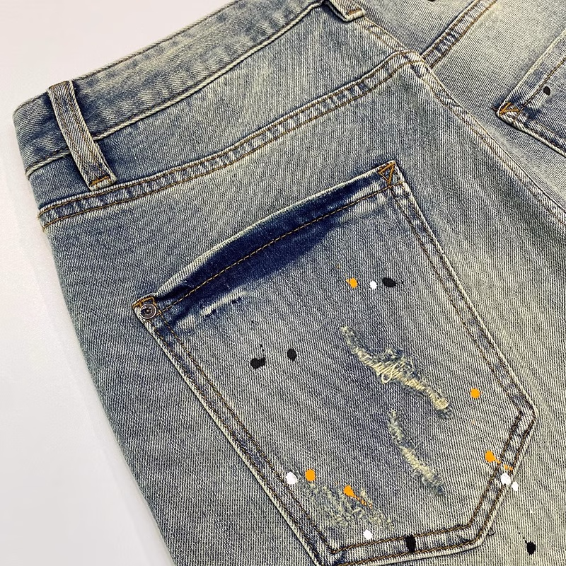 Ink-splashing Denim Shorts Men's Summer American Retro Ripped Beggar Five-point Pants Loose Straight Slim Trendy Pants, Blue 28_mkmklike.com
