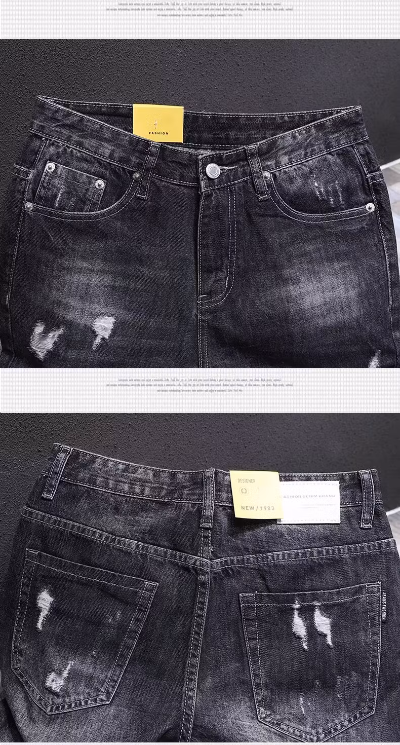Summer Ripped Jeans Men's Straight Slim-Fit Small Foot Nine-Point Pants Korean Version Trendy Versatile Beggar Casual Pants, Light Blue 29 [100-55kg]_mkmklike.com