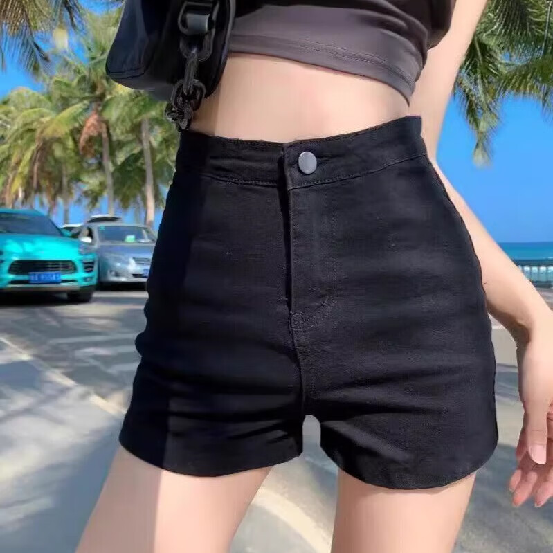 Miao Lian Duo Black Shorts Summer Women's high-waisted denim Shorts Slimming Super Shorts Girls' Shorts Lengthening Legs Hot Girl Shorts Black [High-waisted] Denim Shorts [Spring and Autumn Thin Style] M [Suggested 95-110 pounds] thumbnail 6