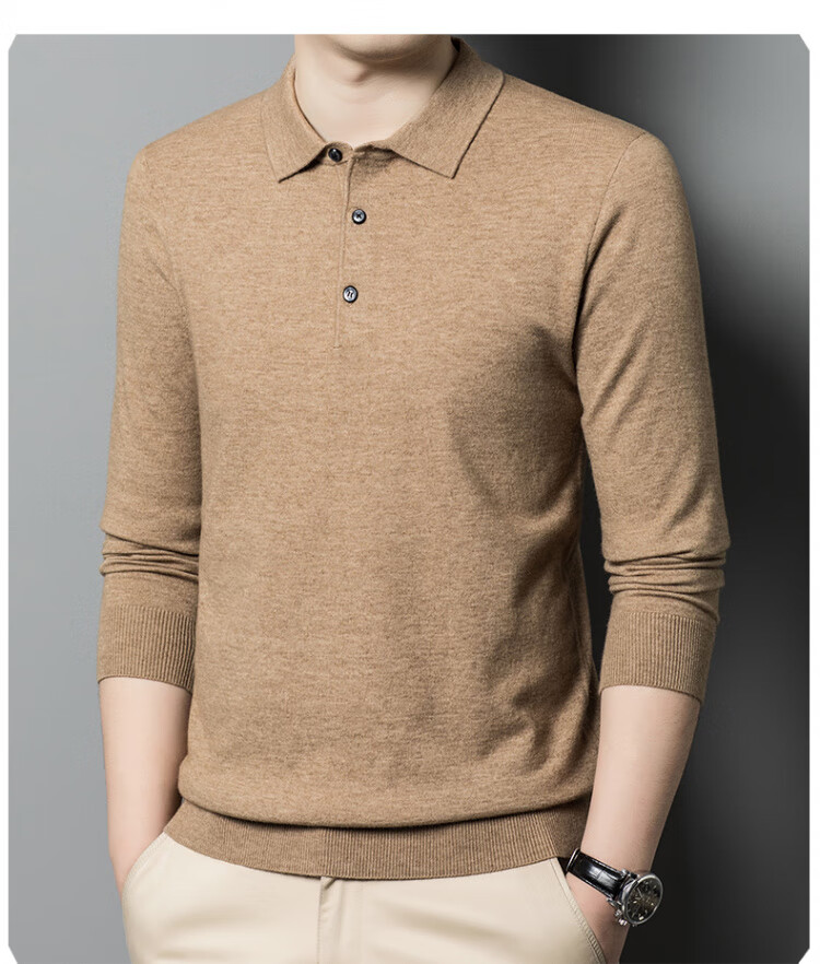 Hengyuanxiang Men's Polo Shirt with Wool, Spring and Autumn Thin Knit Base Sweater, Middle-aged, Camel Color, 4XL 7
