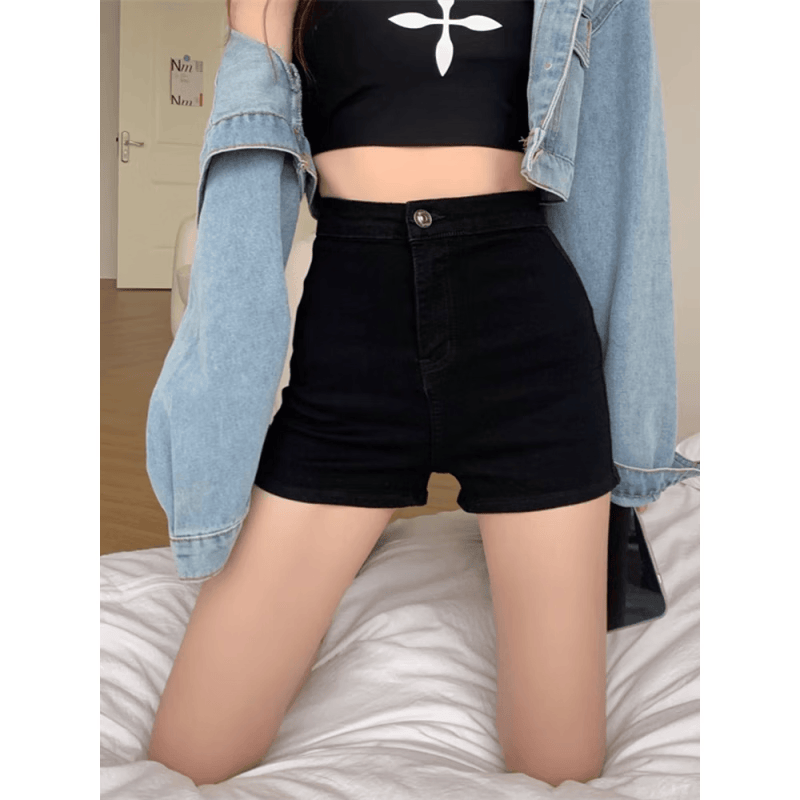 Miao Lian Duo Black Shorts Summer Women's high-waisted denim Shorts Slimming Super Shorts Girls' Shorts Lengthening Legs Hot Girl Shorts Black [High-waisted] Denim Shorts [Spring and Autumn Thin Style] M [Suggested 95-110 pounds] thumbnail 2