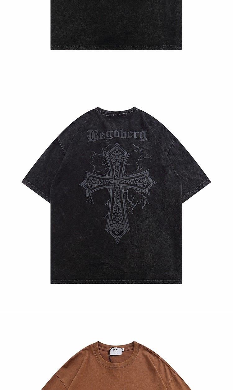 vintage夏季暗黑哥特风十字架印花短袖t恤男情侣宽松街头复古做旧半袖