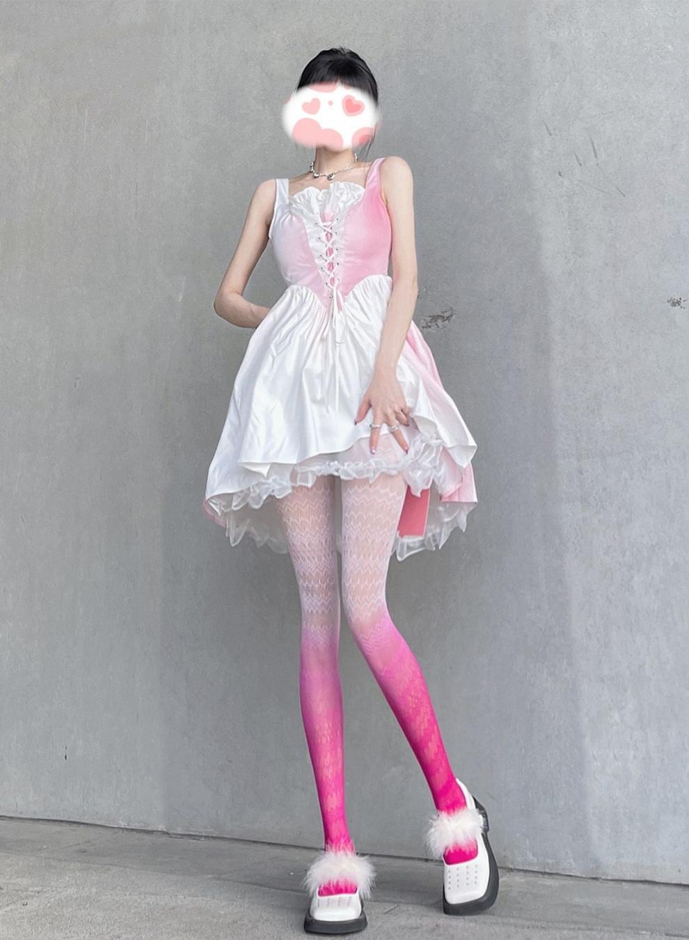 黛魅莎渐变色丝袜夏季纯欲风辣妹性感镂空蕾丝少女日系糖果色连裤渔