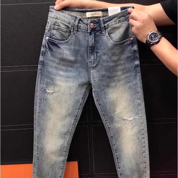 High-end Light Luxury Embroidered Jeans Men's Summer New Fashion Versatile Slim-fit Small Straight Elastic Nine-point Pants, Blue Recommended 140-75kg_viptrois.com